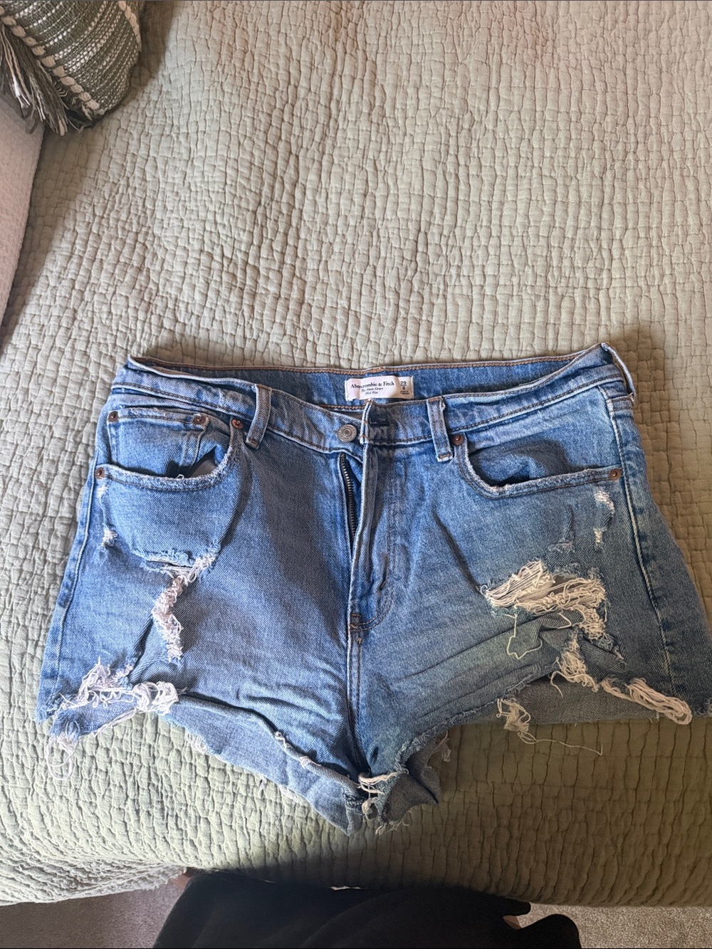 Abercrombie and Fitch High-Rise Distressed Denim Shorts - Light Blue